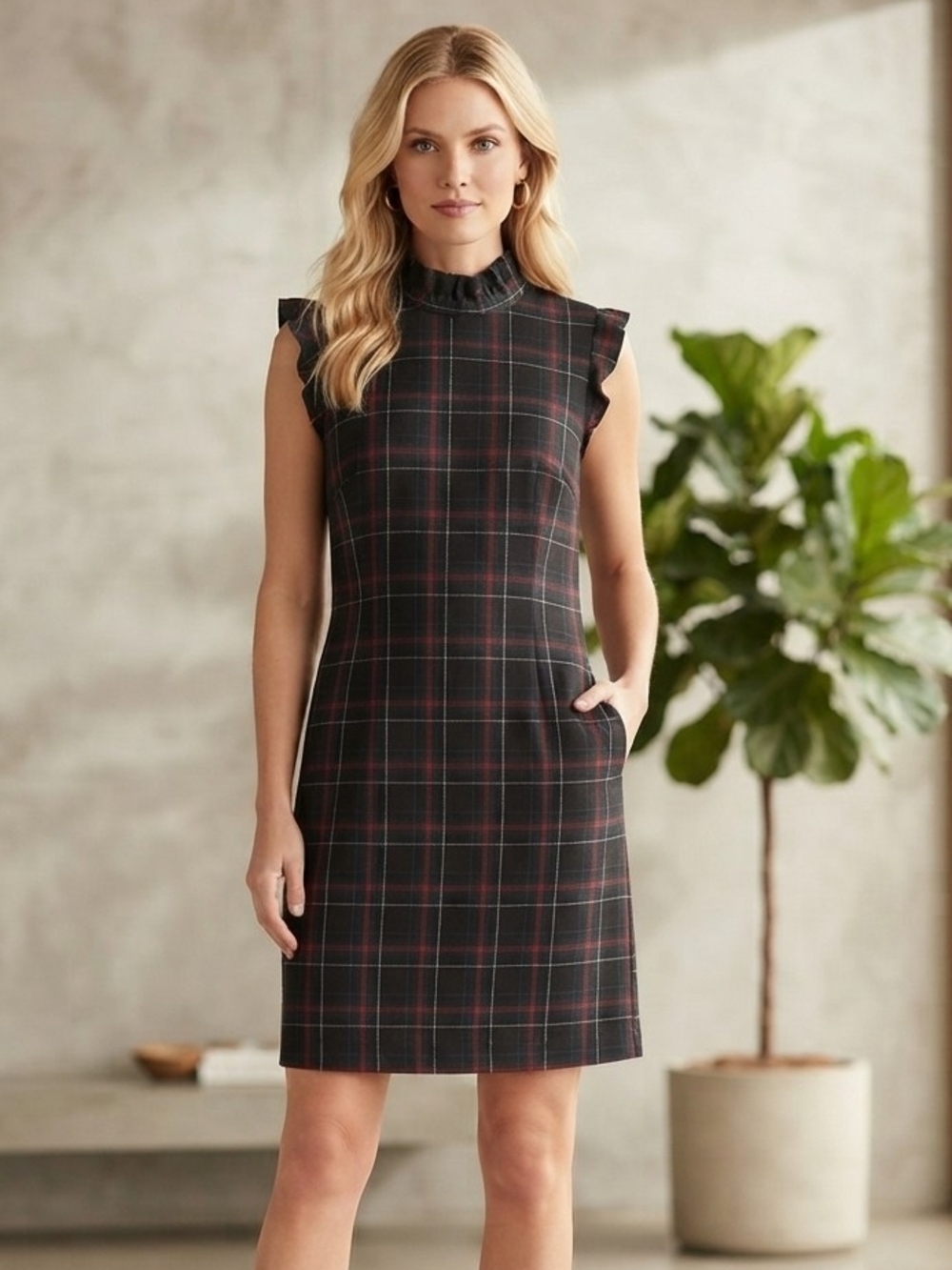 JB by Julie Brown Black Plaid Ruffle-Neck Mini Dress